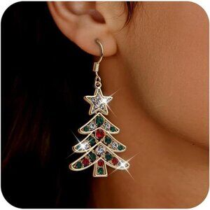 Sparkling Zirconia Christmas Tree Earrings | Red Green Holiday Dangle Jewelry